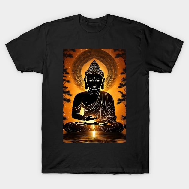 Golden Gautam Buddha meditation art T-Shirt by Spaceboyishere